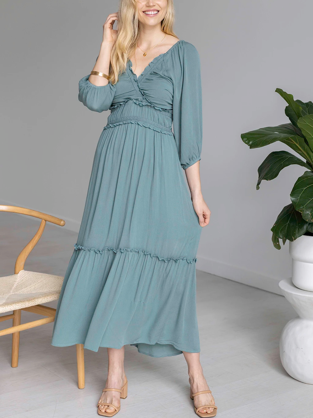 V-neck Smocked Ruffled Tiered Dress