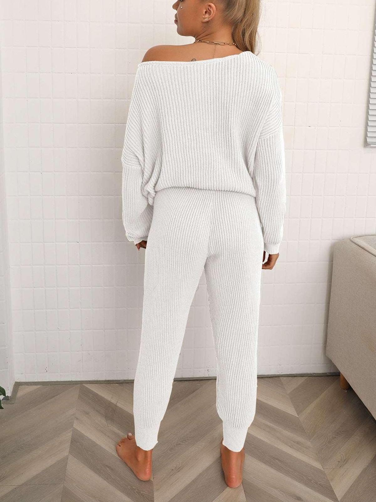 Womens Drop Shoulder Batwing Sleeve Sweater & Knit Pants Set