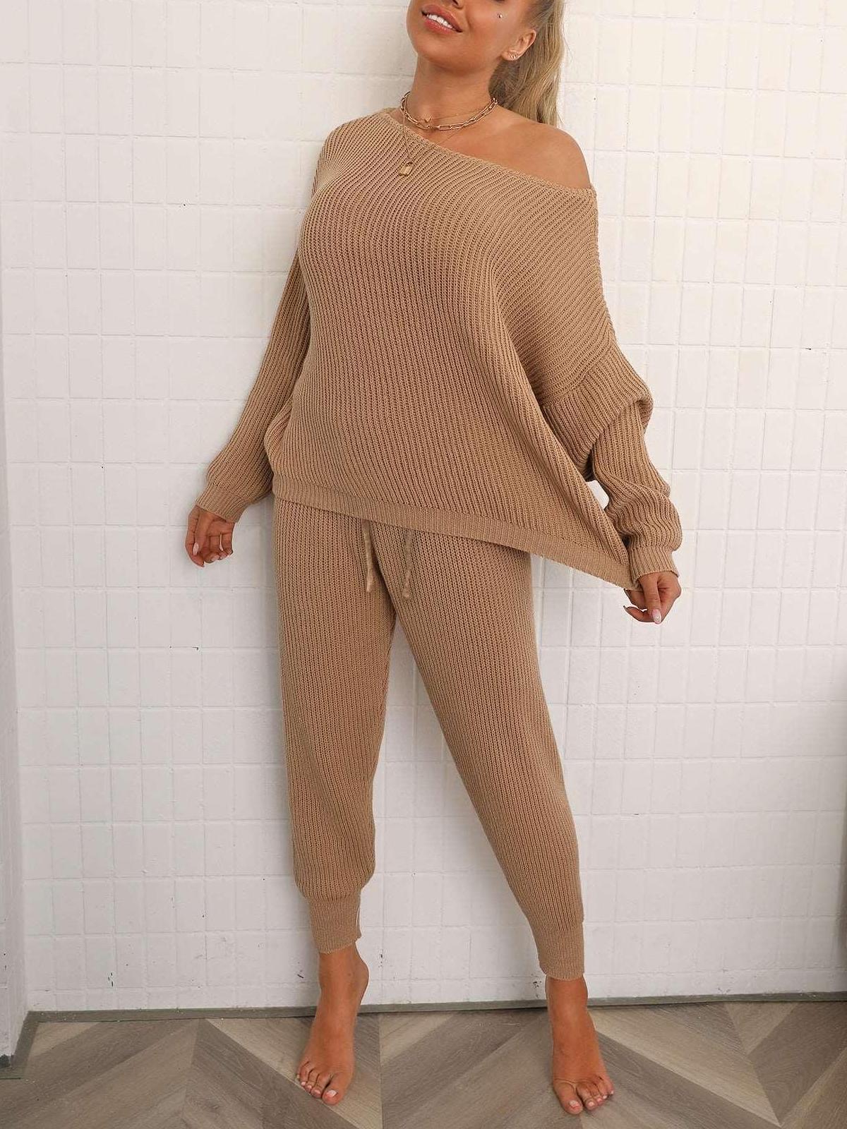 Womens Drop Shoulder Batwing Sleeve Sweater & Knit Pants Set