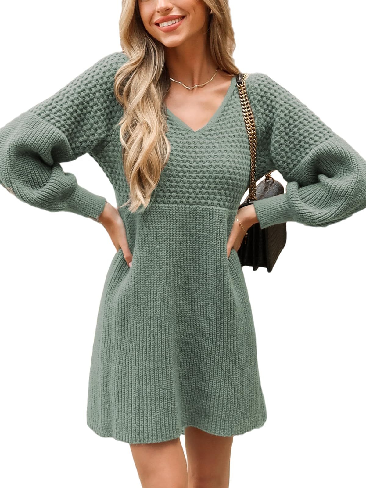 Women's V Neck Honeycomb Long Sleeve Textured Sweater Dress