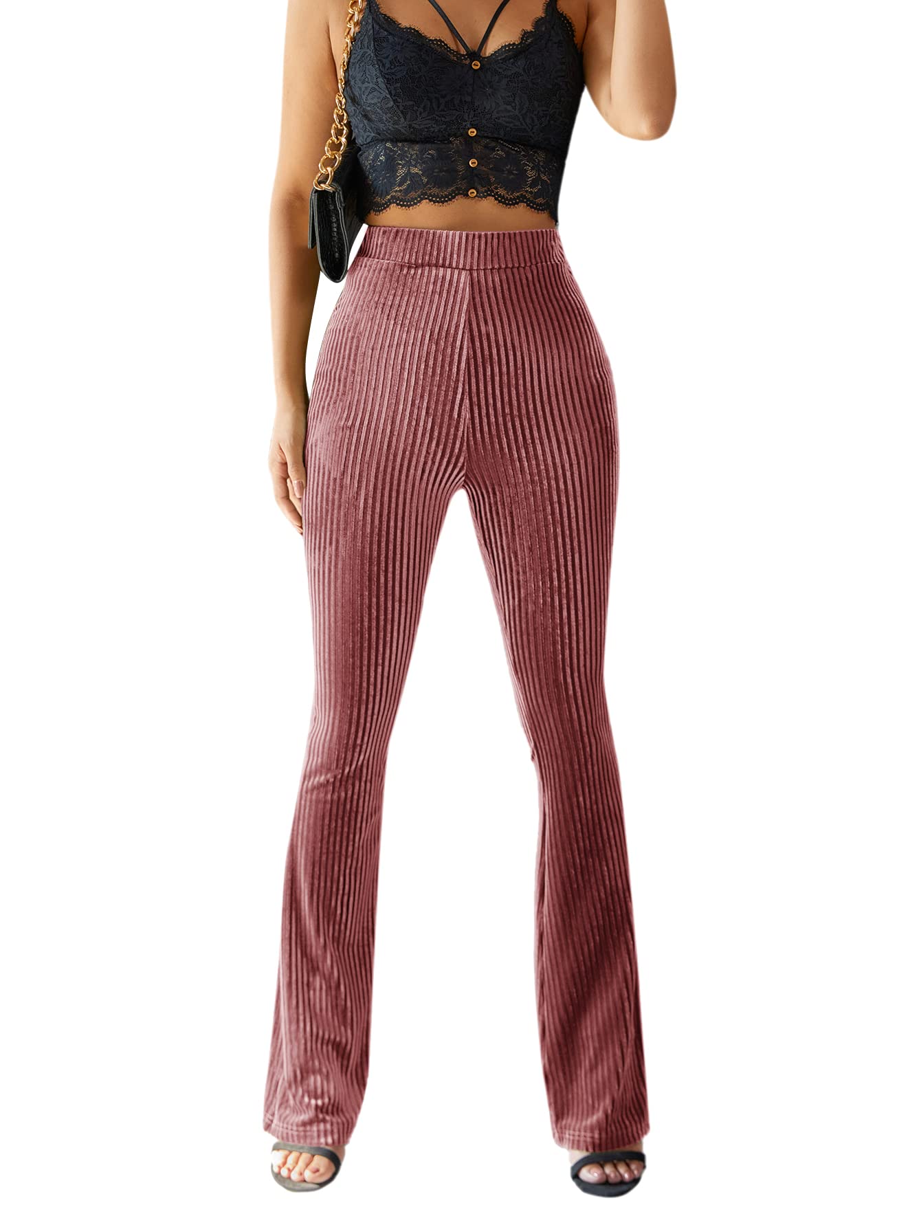 Women's Velvet Elastic Waist Flare Leg Palazzo Long Pants Trousers