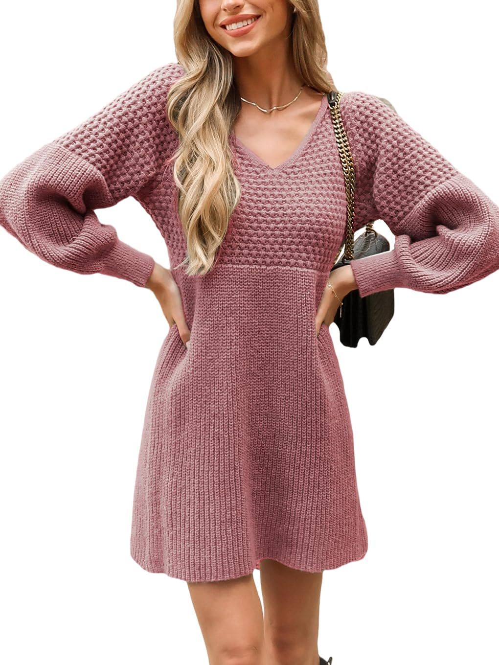 Women's V Neck Honeycomb Long Sleeve Textured Sweater Dress