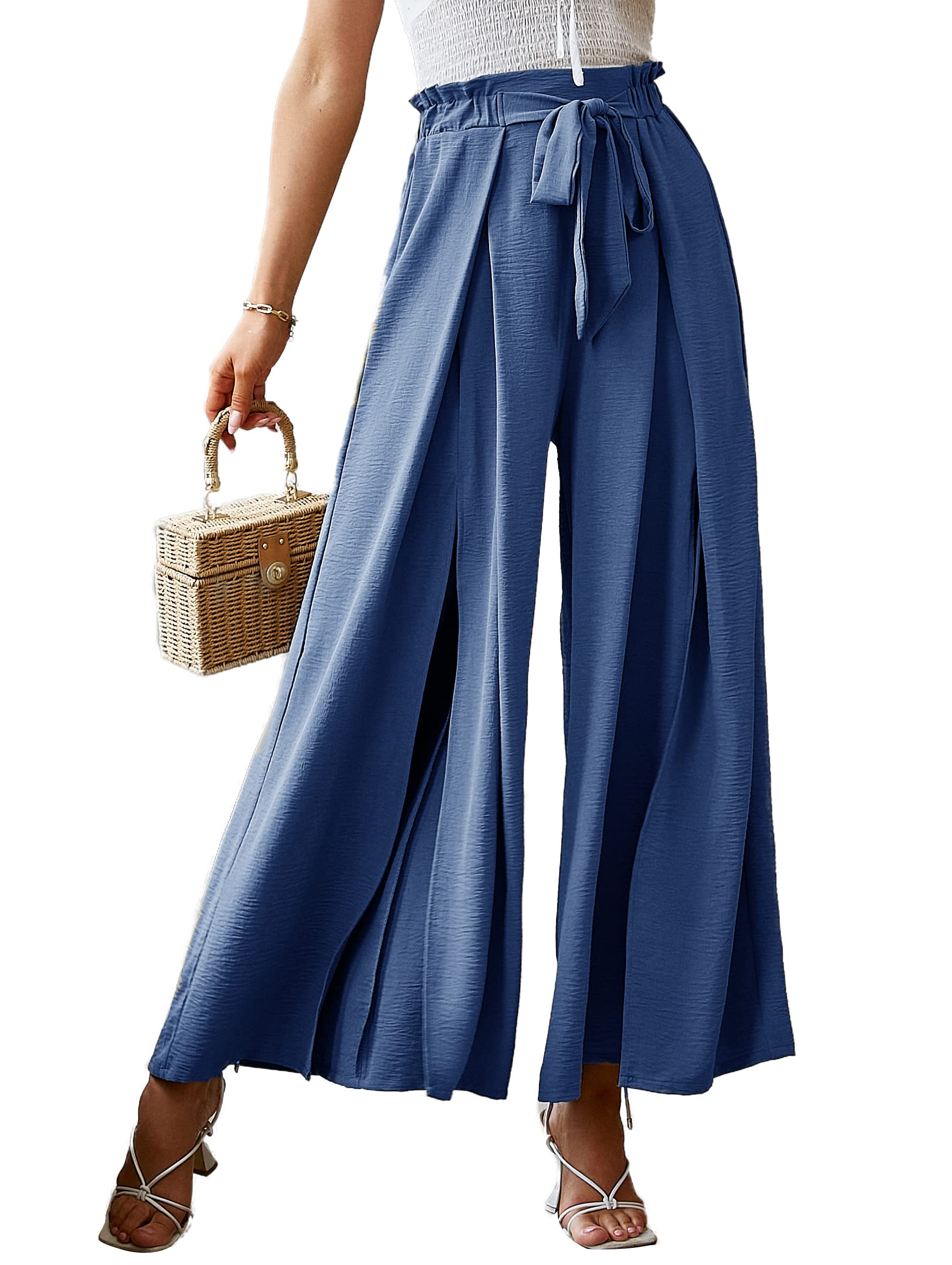 Women's Elegant Striped Split High Waisted Belted Flowy Wide Leg Pants-hivebabe.com