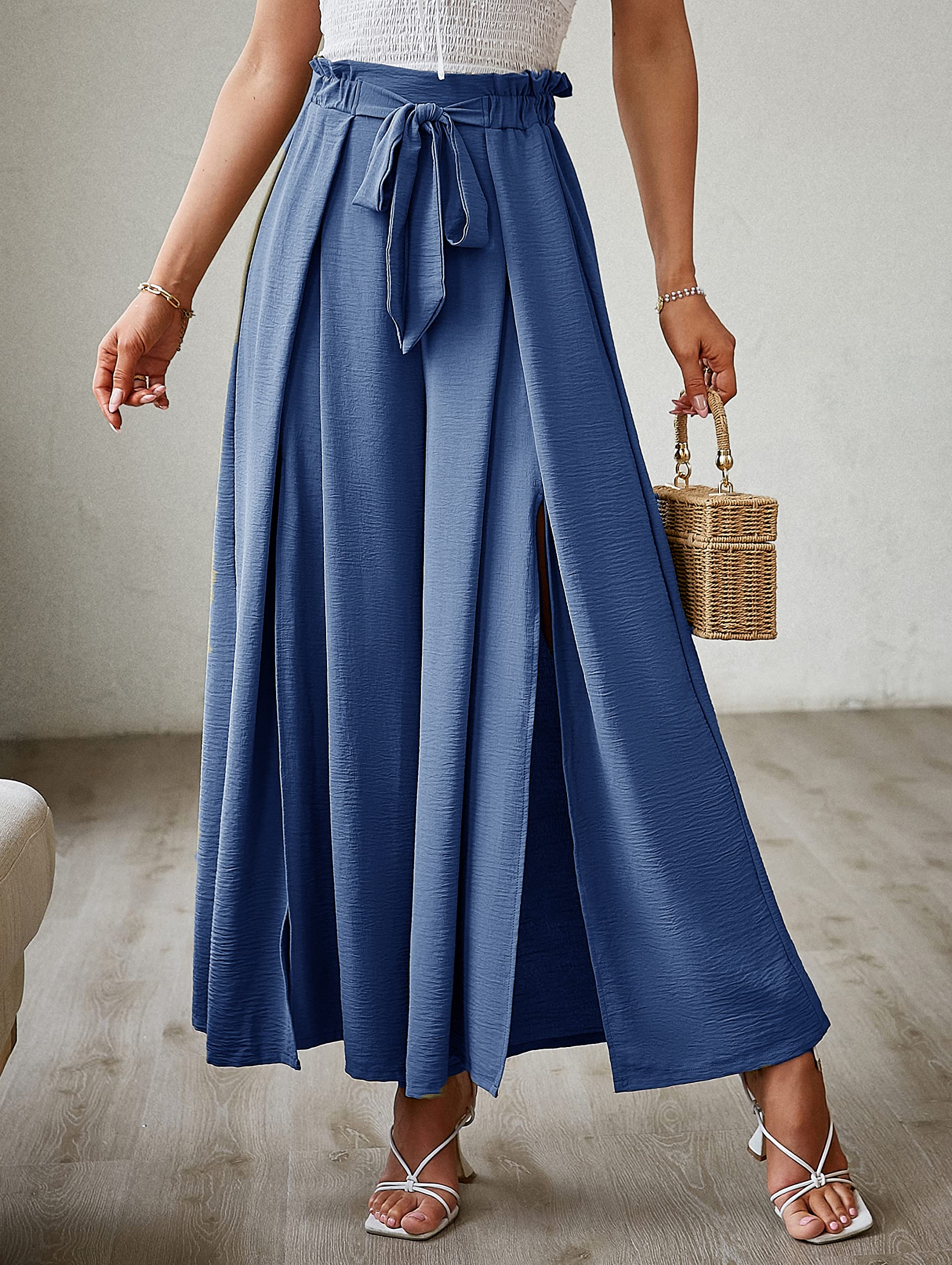 Women's Elegant Striped Split High Waisted Belted Flowy Wide Leg Pants-hivebabe.com
