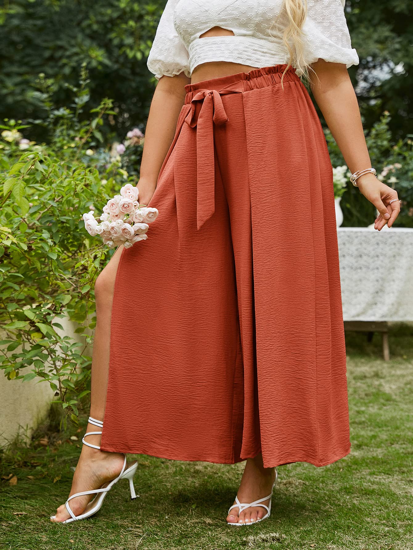 Women's Elegant Striped Split High Waisted Belted Flowy Wide Leg Pants-hivebabe.com