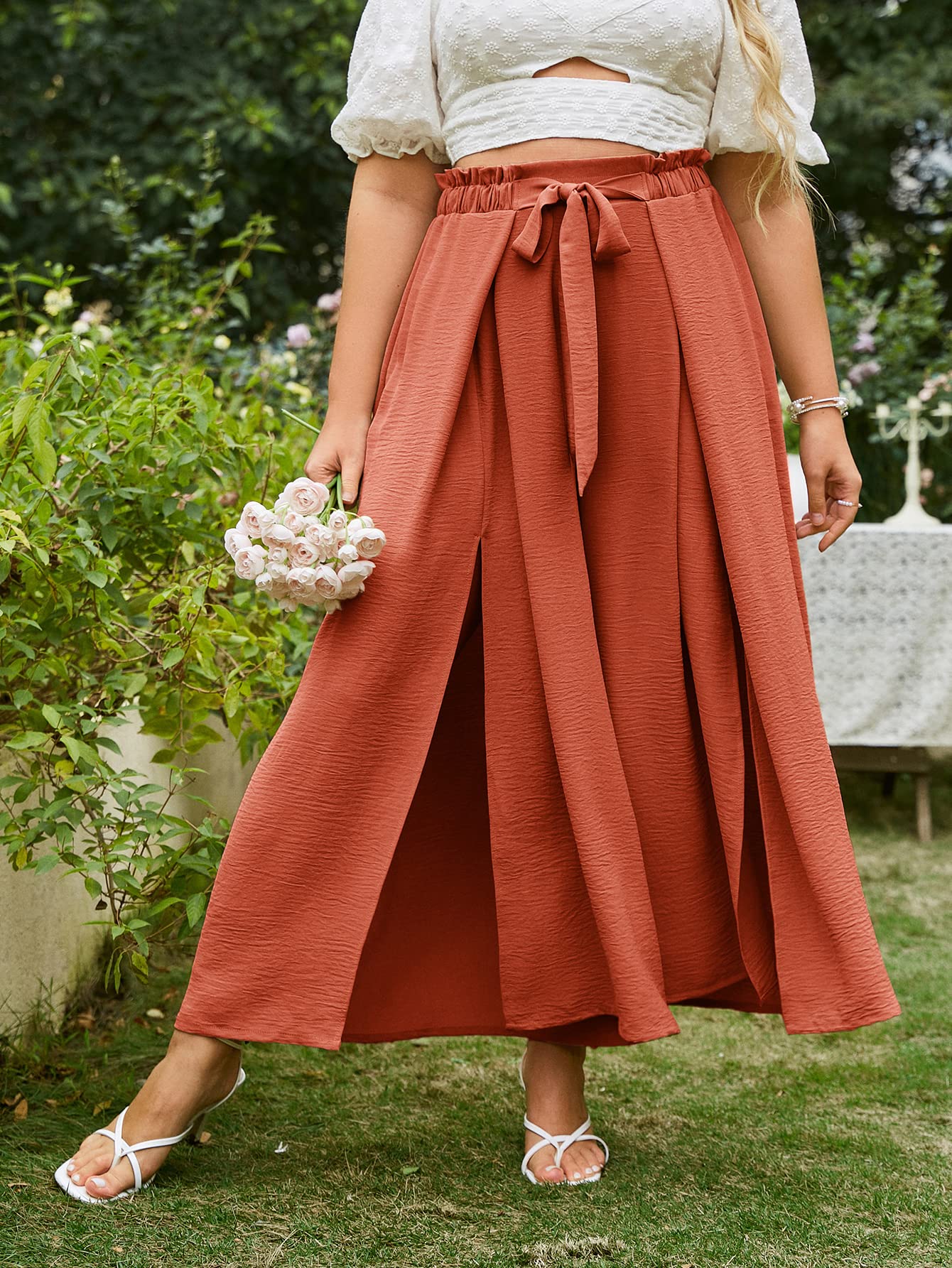 Women's Elegant Striped Split High Waisted Belted Flowy Wide Leg Pants-hivebabe.com