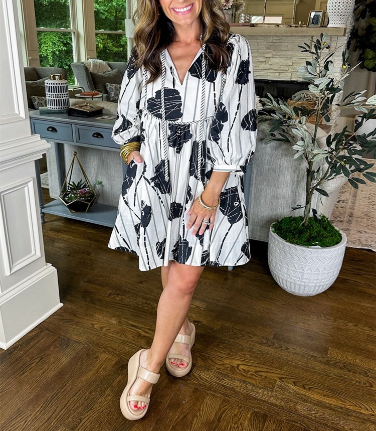 Women's Stripe Print 3/4 Sleeve Mini Dress