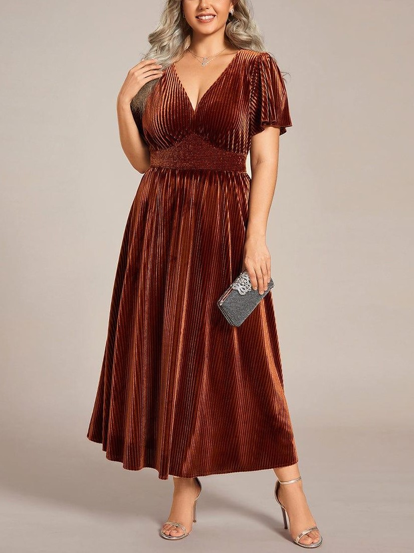 Women's V-Neck Short Sleeve Pleated Velvet Dress