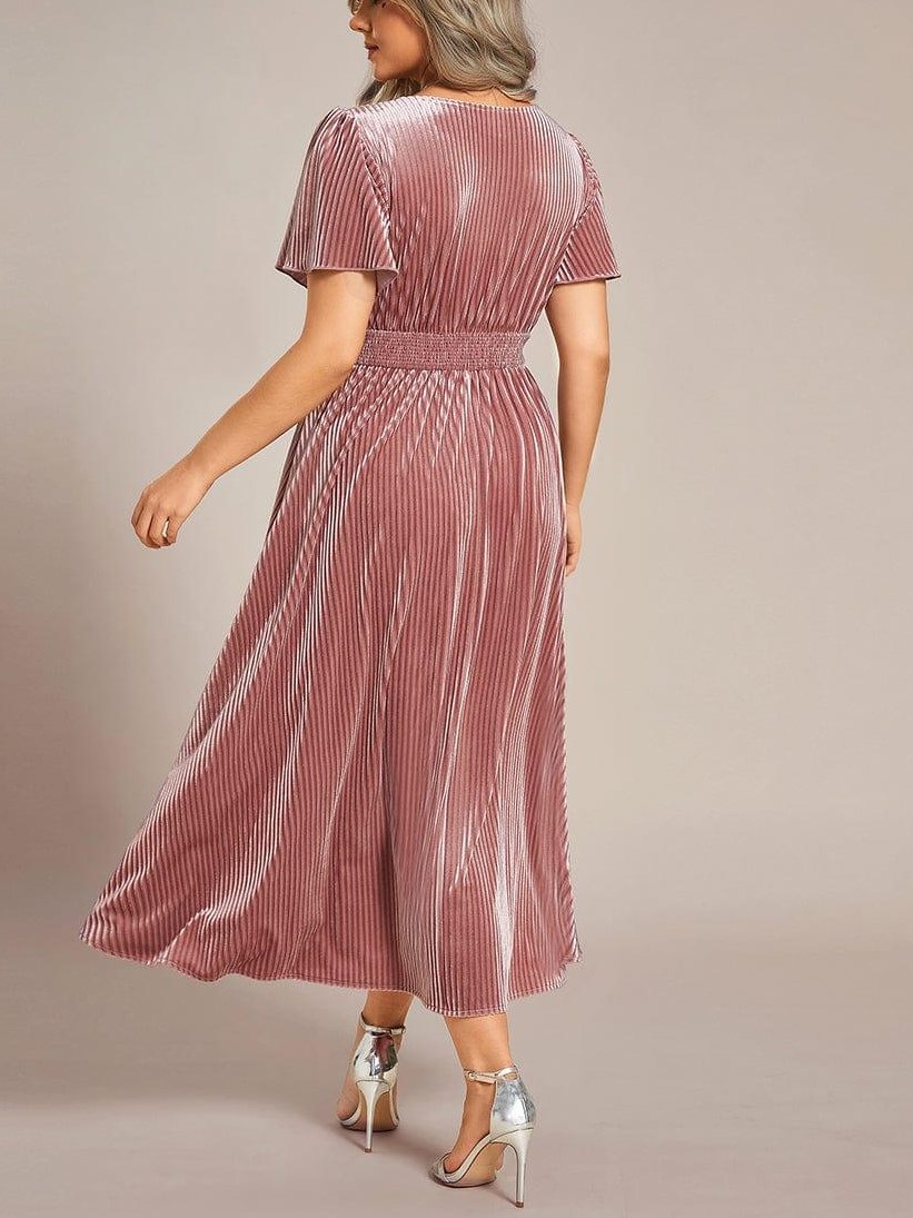 Women's V-Neck Short Sleeve Pleated Velvet Dress