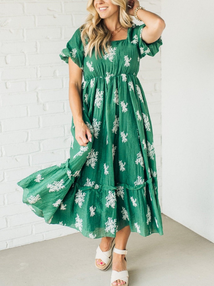 Women's Embroidered Bubble Sleeve Dress