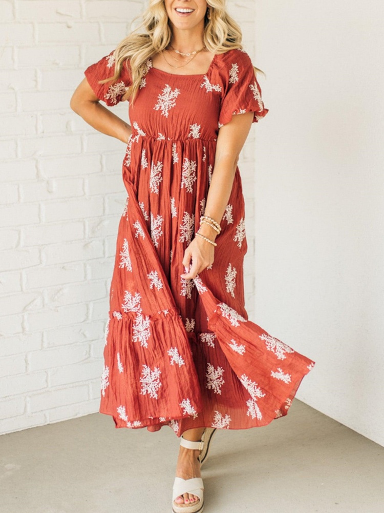 Women's Embroidered Bubble Sleeve Dress