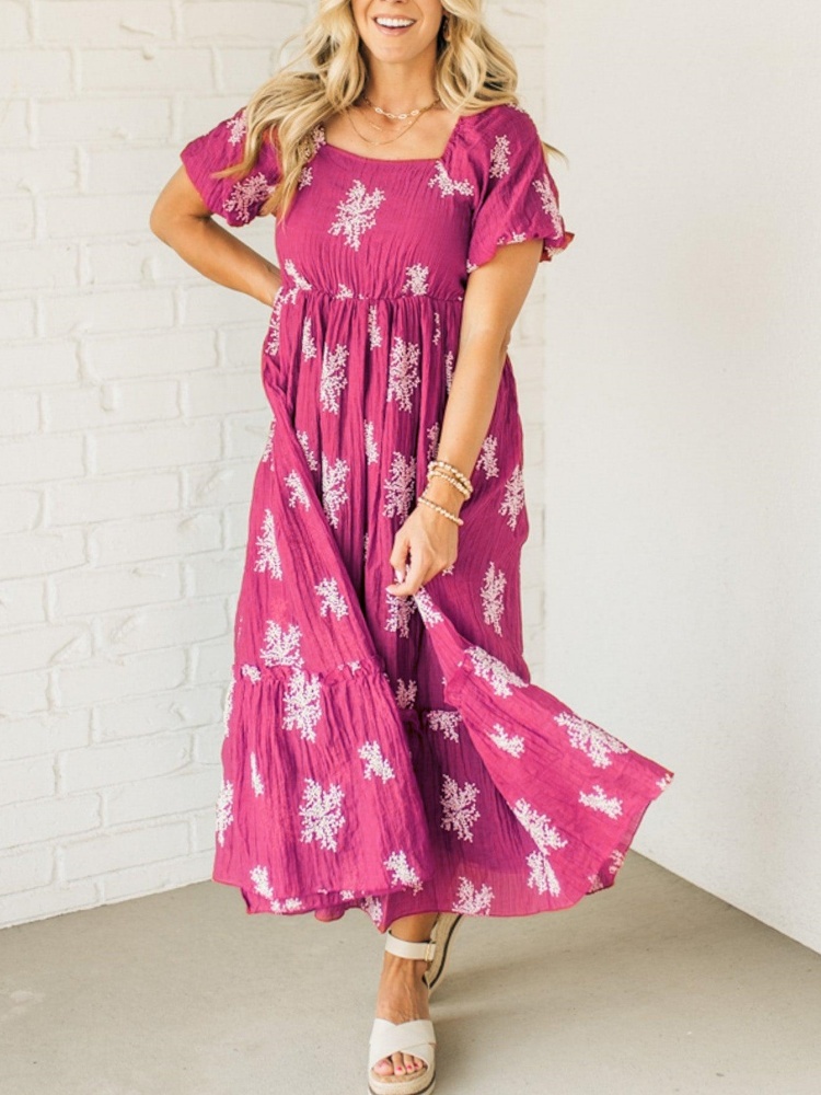 Women's Embroidered Bubble Sleeve Dress