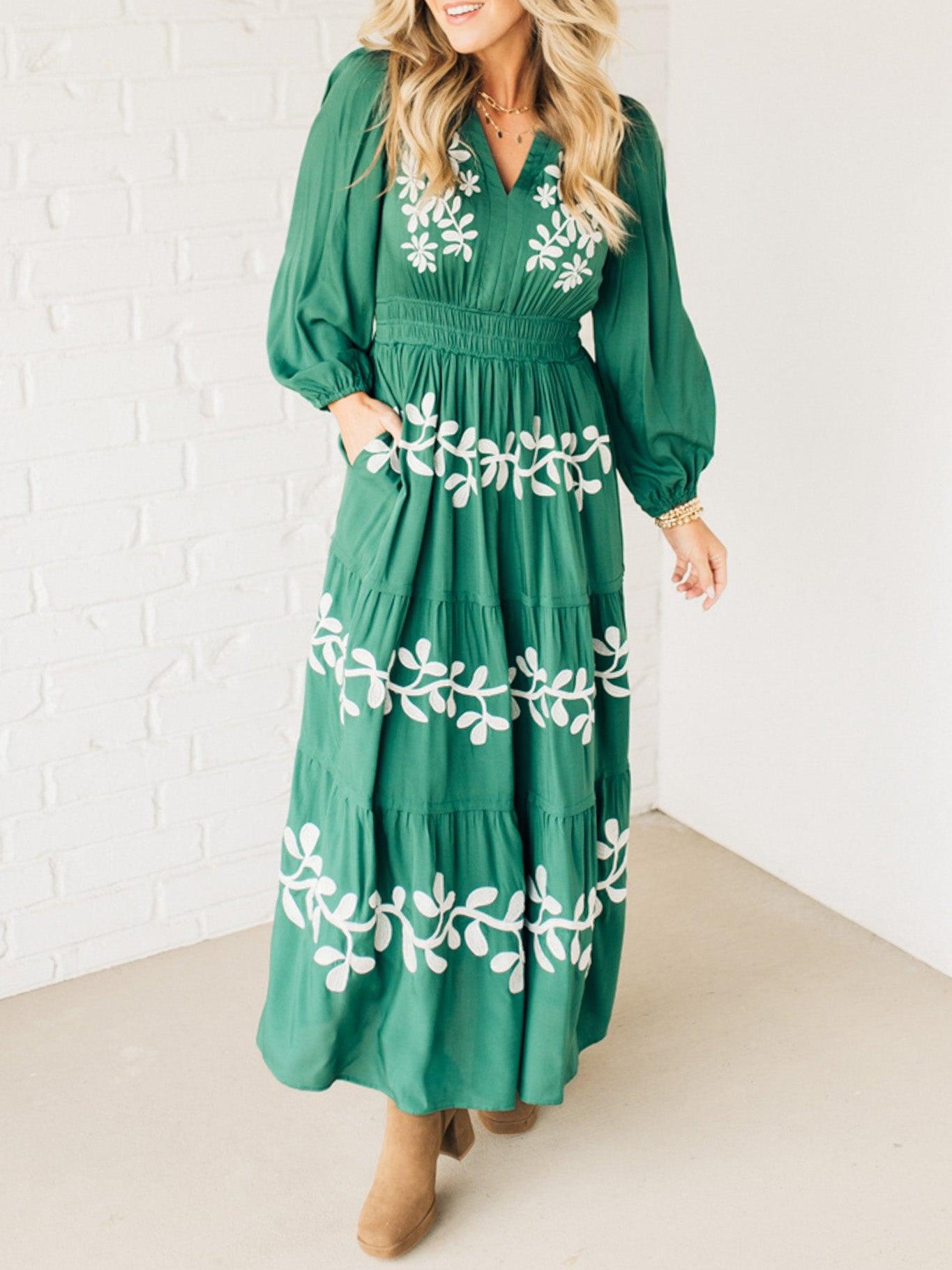 V Neck Long Sleeve Embroidered Tiered Maxi Dress