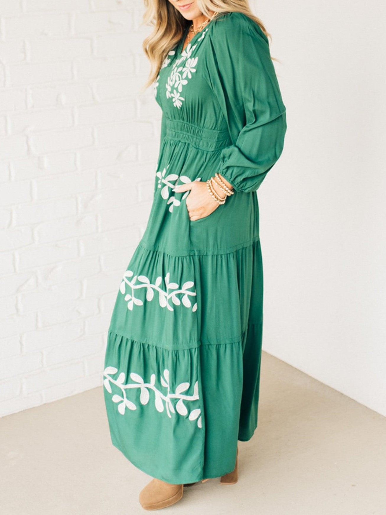 V Neck Long Sleeve Embroidered Tiered Maxi Dress