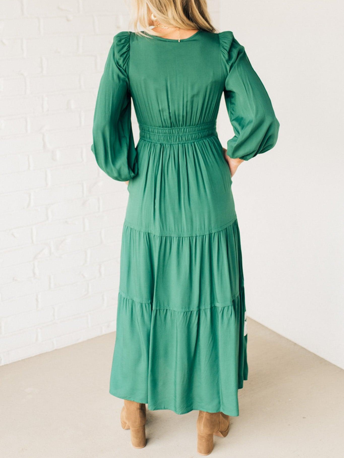 V Neck Long Sleeve Embroidered Tiered Maxi Dress