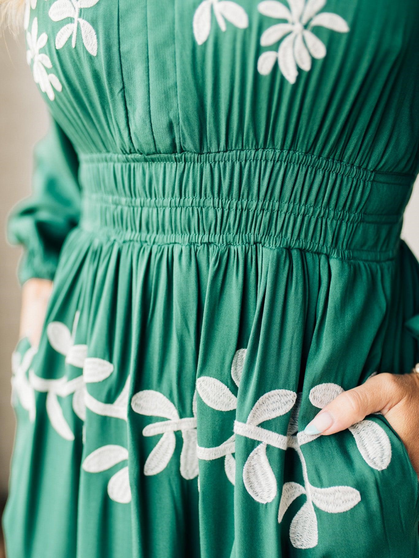 V Neck Long Sleeve Embroidered Tiered Maxi Dress