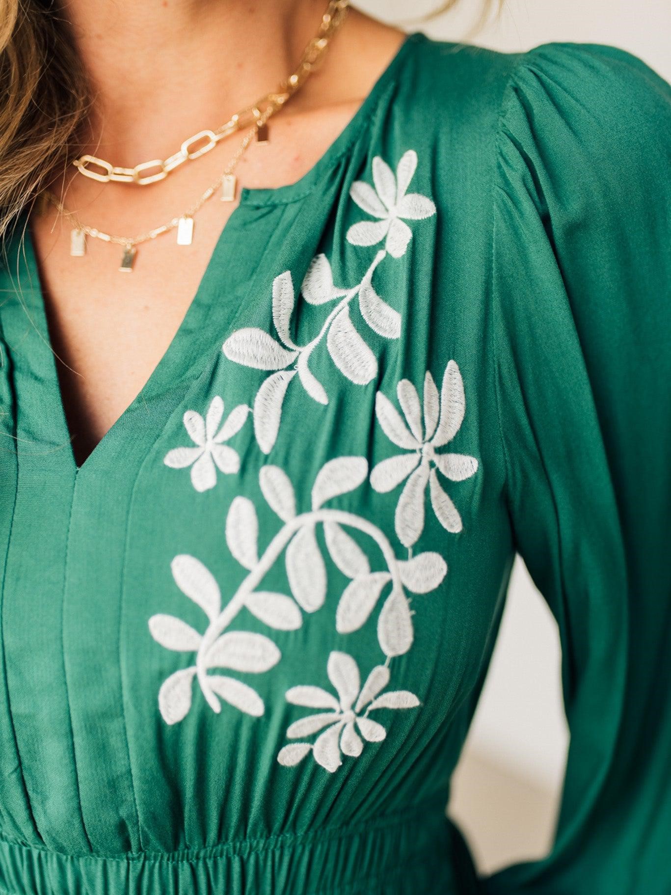 V Neck Long Sleeve Embroidered Tiered Maxi Dress