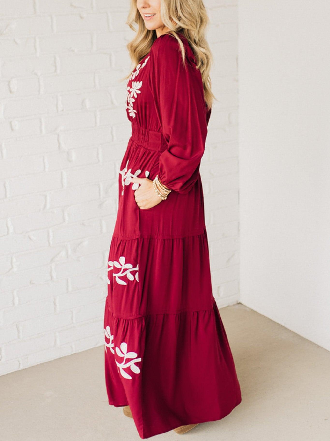 V Neck Long Sleeve Embroidered Tiered Maxi Dress