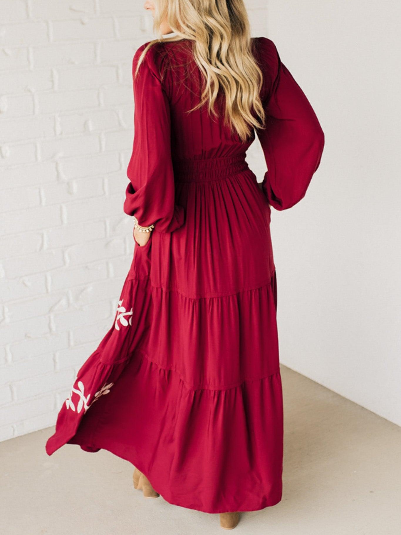 V Neck Long Sleeve Embroidered Tiered Maxi Dress