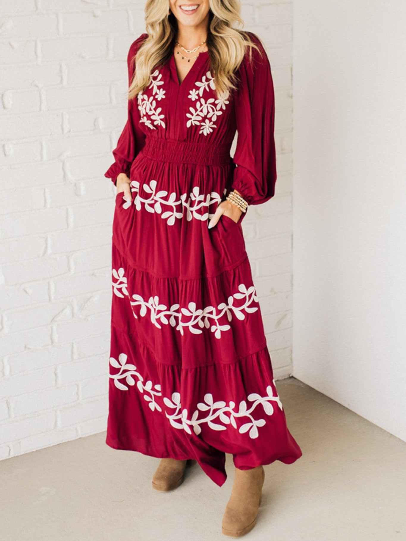 V Neck Long Sleeve Embroidered Tiered Maxi Dress
