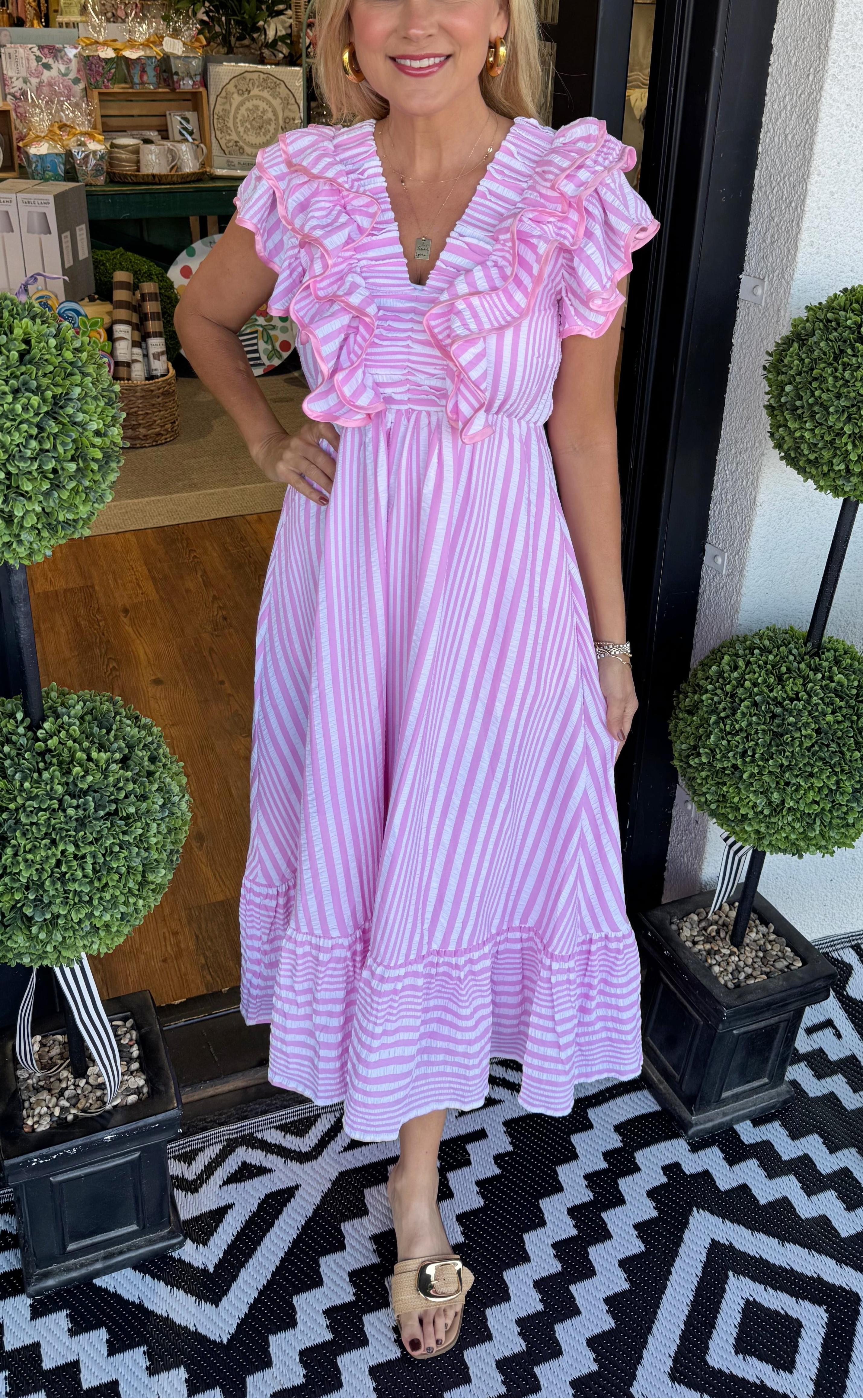 Women's Elegant V-neck Striped Ruffle Detail Midi Dress(Buy 2 Free Shipping)