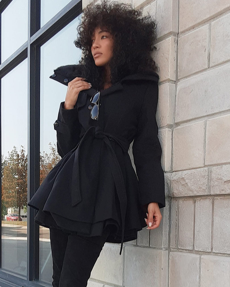 Women's Fashion Faux Fur Lapel Double-Breasted Trench Coat Jacket