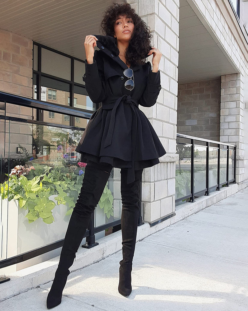 Women's Fashion Faux Fur Lapel Double-Breasted Trench Coat Jacket