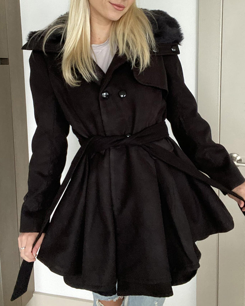 Women's Fashion Faux Fur Lapel Double-Breasted Trench Coat Jacket