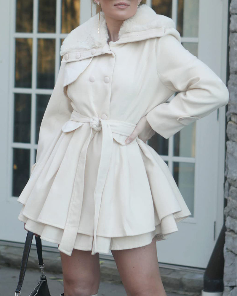 Women's Fashion Faux Fur Lapel Double-Breasted Trench Coat Jacket