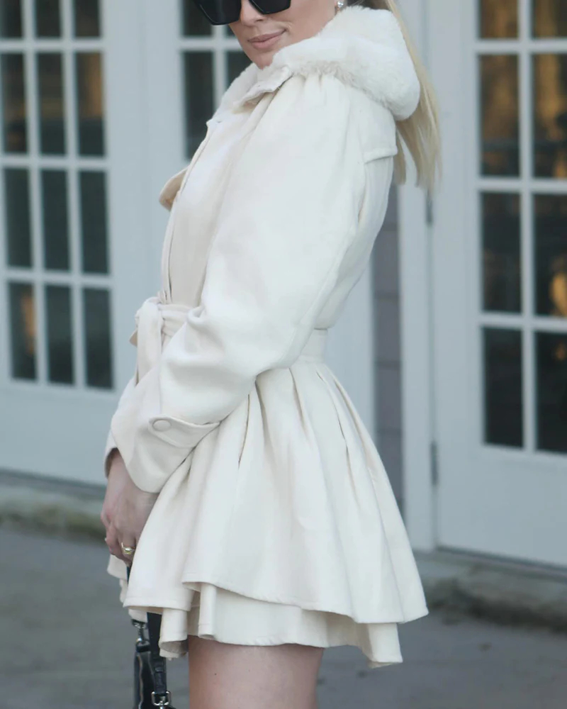 Women's Fashion Faux Fur Lapel Double-Breasted Trench Coat Jacket