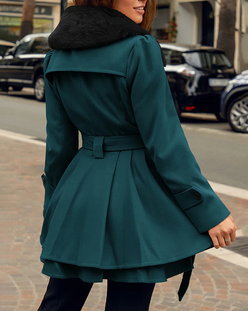 Women's Fashion Faux Fur Lapel Double-Breasted Trench Coat Jacket