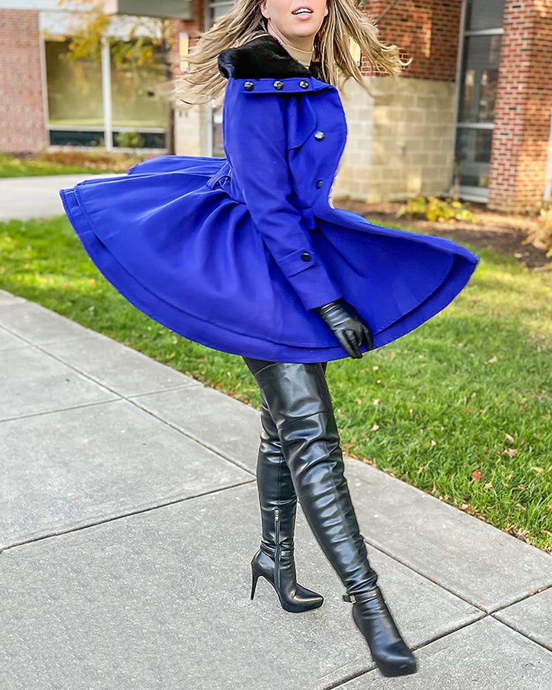 Women's Fashion Faux Fur Lapel Double-Breasted Trench Coat Jacket