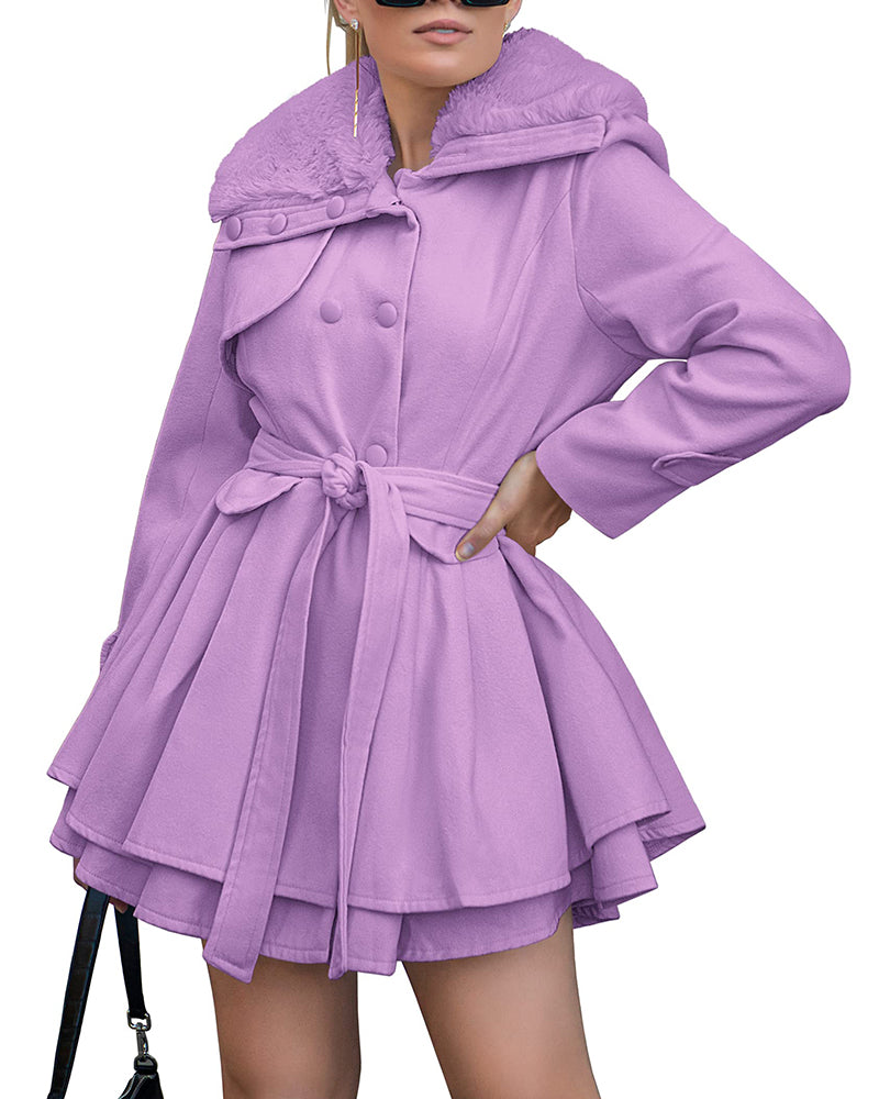 Women's Fashion Faux Fur Lapel Double-Breasted Trench Coat Jacket