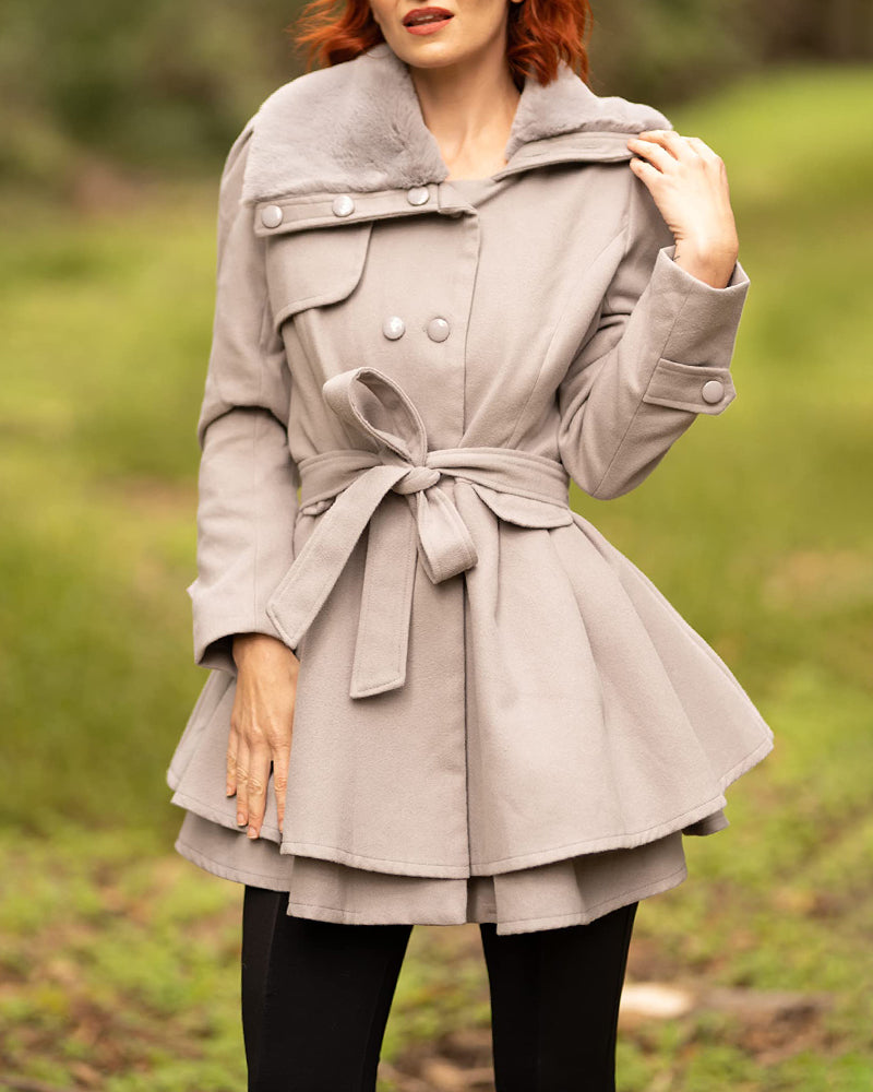 Women's Fashion Faux Fur Lapel Double-Breasted Trench Coat Jacket