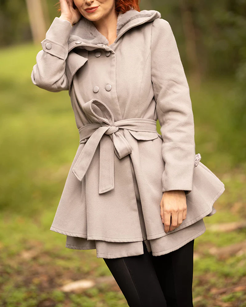 Women's Fashion Faux Fur Lapel Double-Breasted Trench Coat Jacket