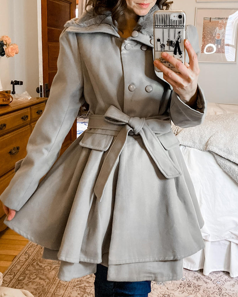 Women's Fashion Faux Fur Lapel Double-Breasted Trench Coat Jacket