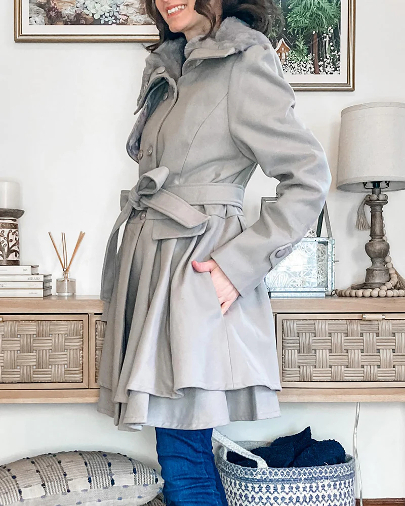 Women's Fashion Faux Fur Lapel Double-Breasted Trench Coat Jacket