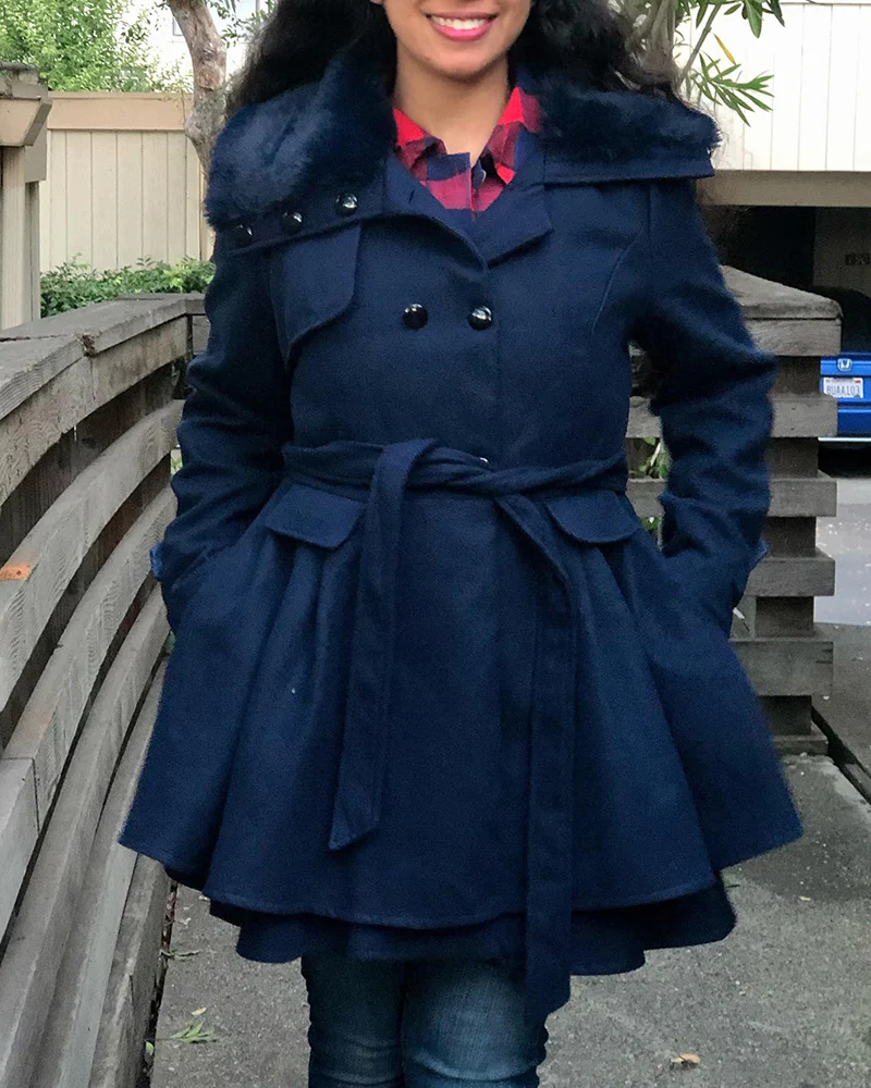 Women's Fashion Faux Fur Lapel Double-Breasted Trench Coat Jacket