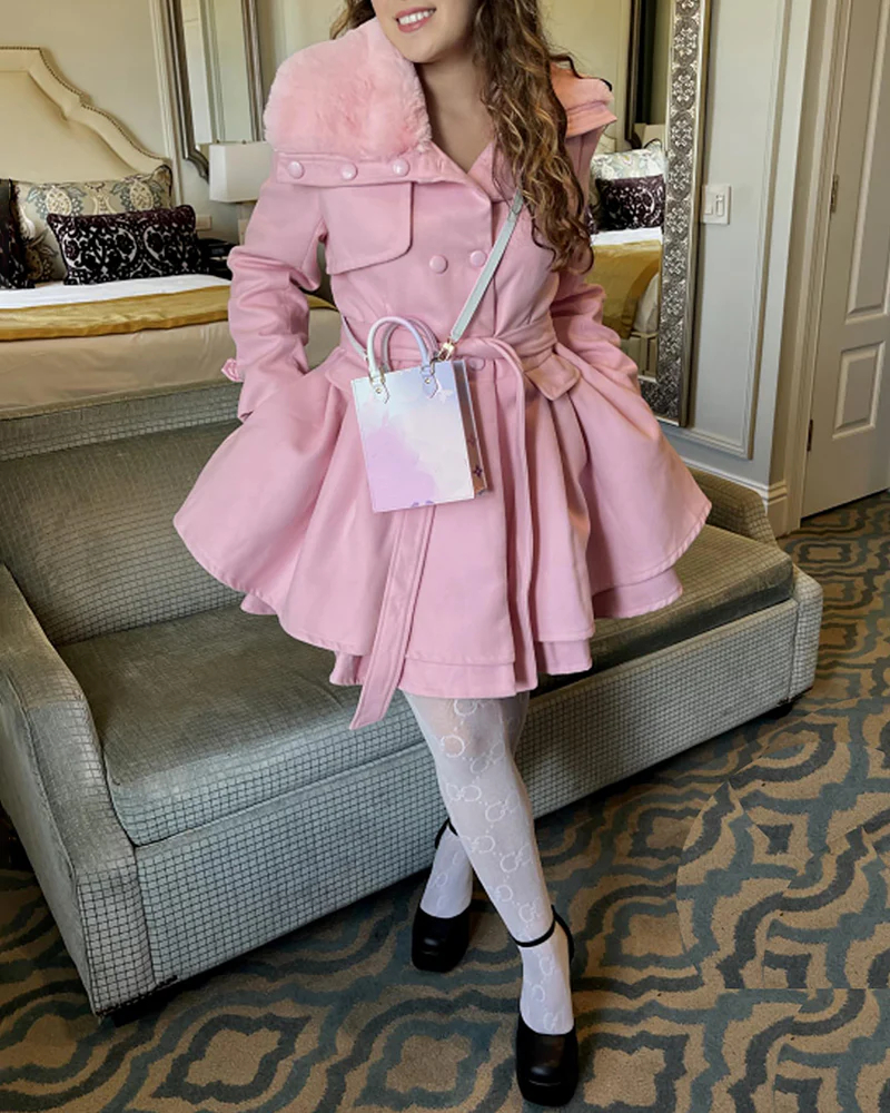 Women's Fashion Faux Fur Lapel Double-Breasted Trench Coat Jacket