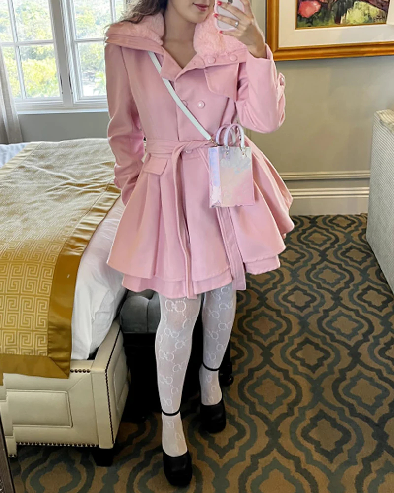 Women's Fashion Faux Fur Lapel Double-Breasted Trench Coat Jacket