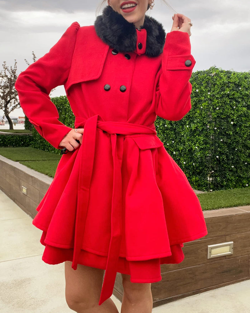 Women's Fashion Faux Fur Lapel Double-Breasted Trench Coat Jacket