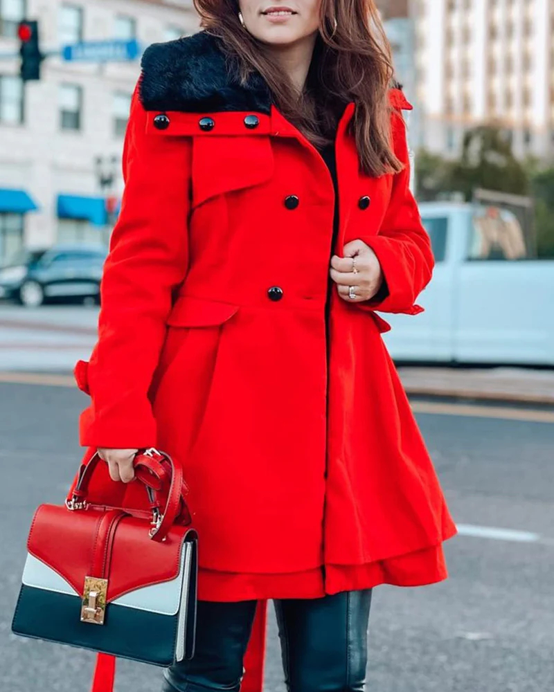 Women's Fashion Faux Fur Lapel Double-Breasted Trench Coat Jacket