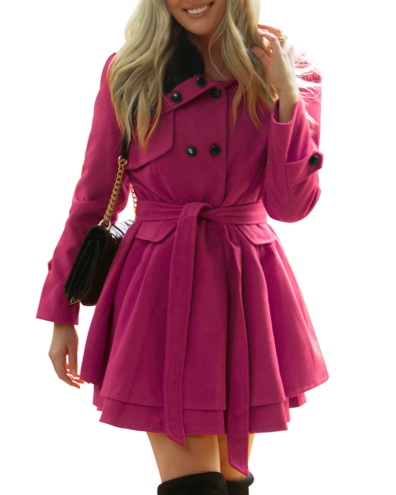 Women's Fashion Faux Fur Lapel Double-Breasted Trench Coat Jacket