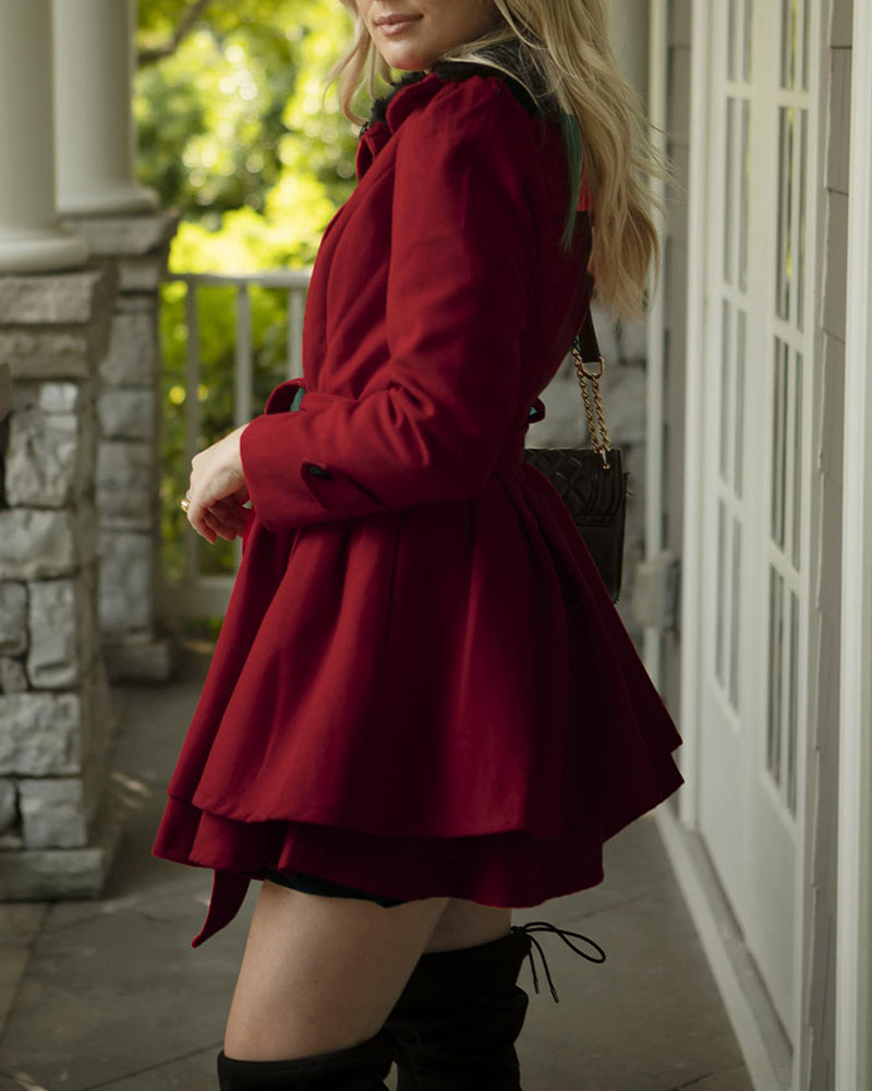 Women's Fashion Faux Fur Lapel Double-Breasted Trench Coat Jacket