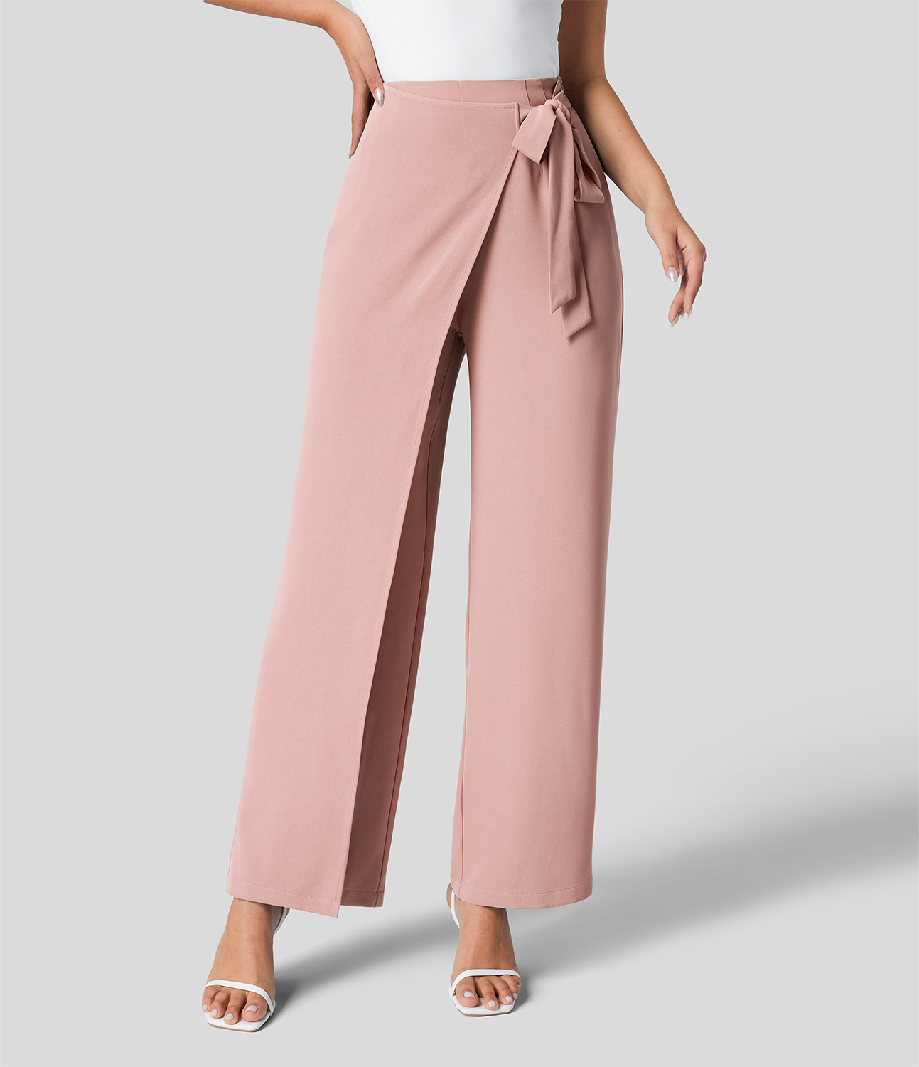 High Waisted Tie Side Invisible Zipper Wide Leg Work Suit Pants
