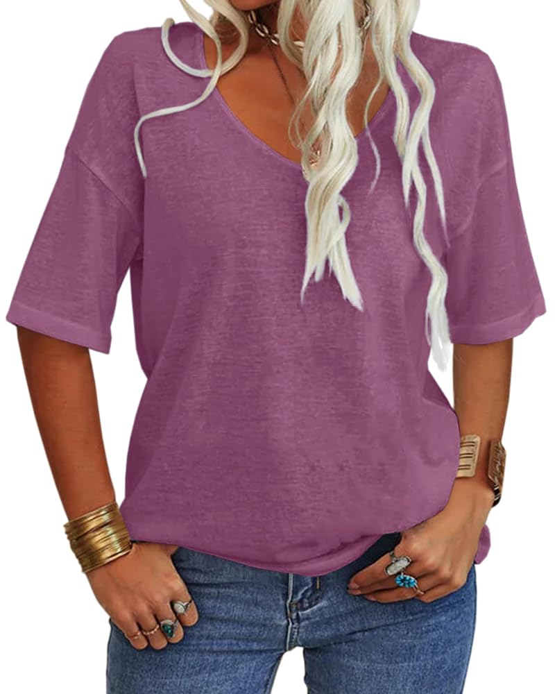 Women's Solid V-Neck Half Sleeves Oversized T Shirt