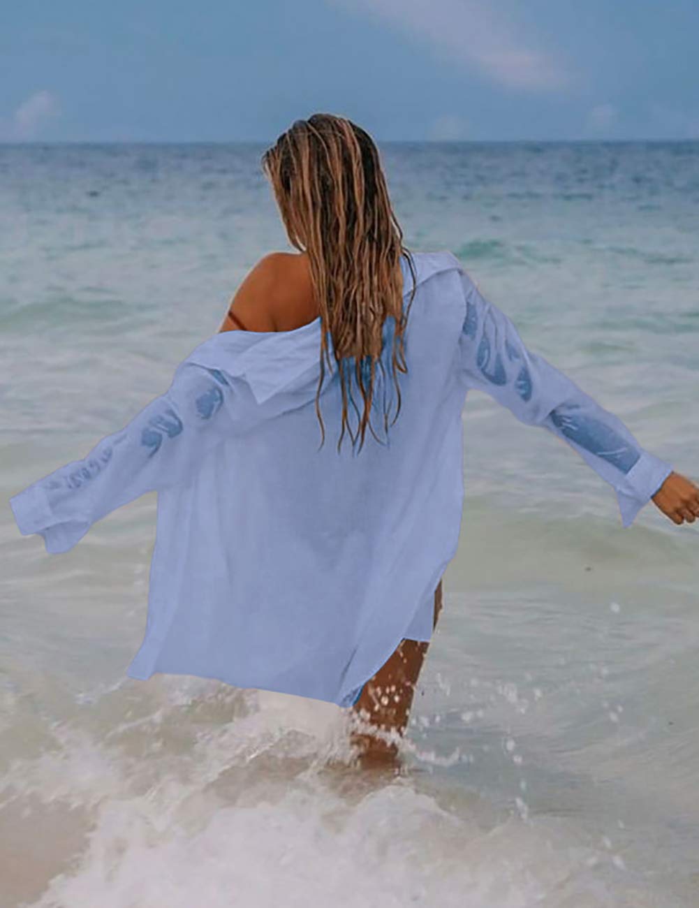 Women Long Sleeve Beach Shirt Blouses Bathing Suit Cover Up