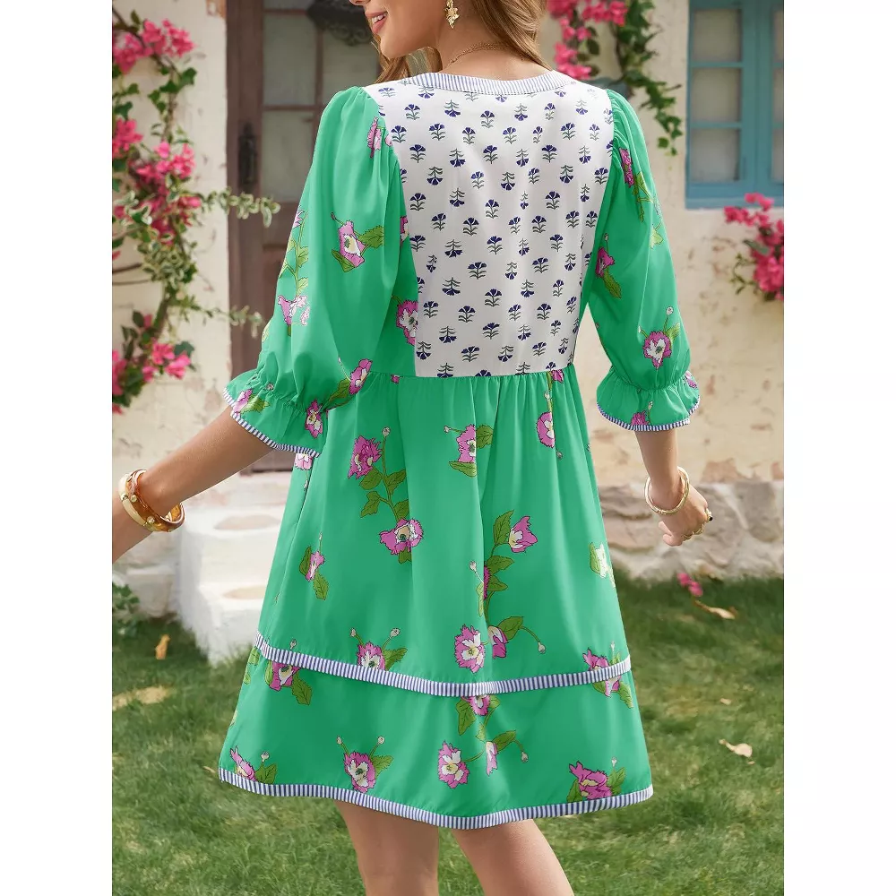 🌷Women's Casual Floral Puff Short Sleeve Tie Front V Neck Patchwork Loose Boho Shirt Dresses