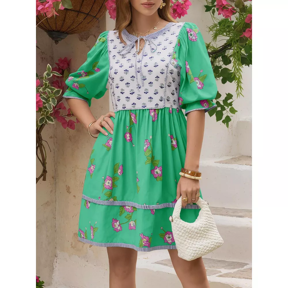 🌷Women's Casual Floral Puff Short Sleeve Tie Front V Neck Patchwork Loose Boho Shirt Dresses