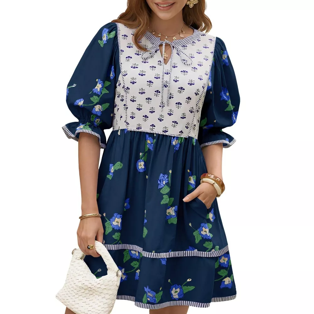🌷Women's Casual Floral Puff Short Sleeve Tie Front V Neck Patchwork Loose Boho Shirt Dresses